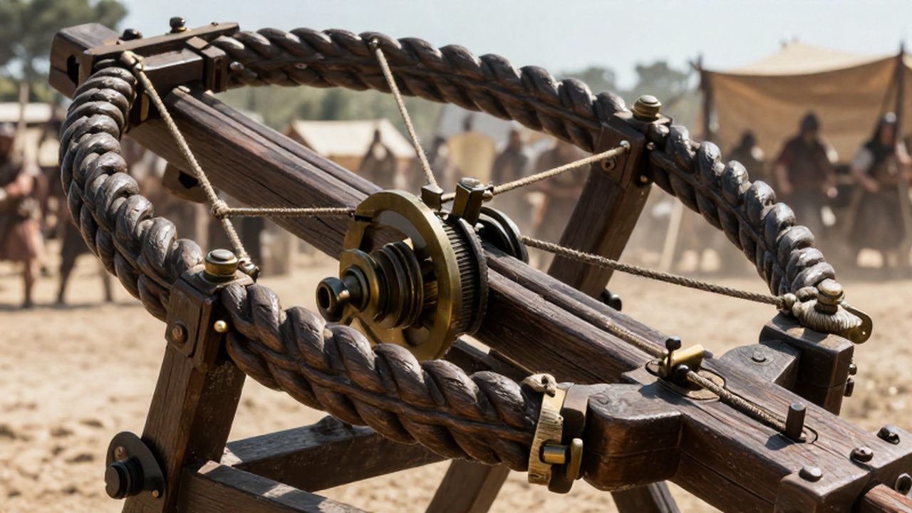 Mecanismo de torsión y engranajes de bronce de una ballesta romana sobre un campo de batalla.