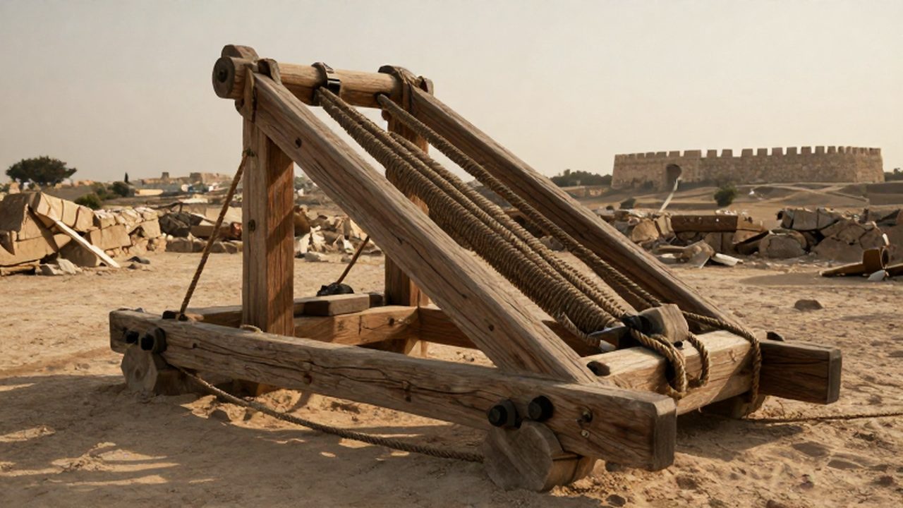 Gran catapulta de madera antigua sobre un campo de batalla polvoriento bajo la luz del atardecer frente a una fortaleza lejana.