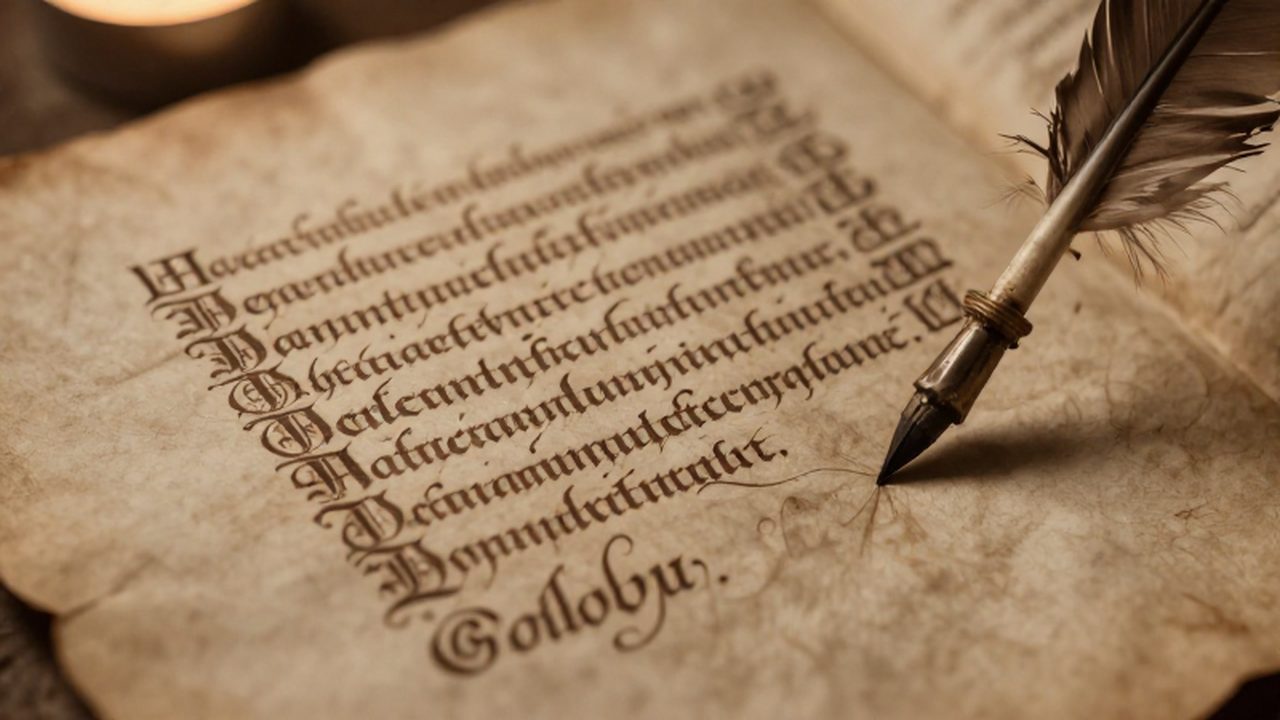 Pergamino antiguo con transición de caligrafía gótica a cursiva renacentista y una pluma sobre el papel texturizado.