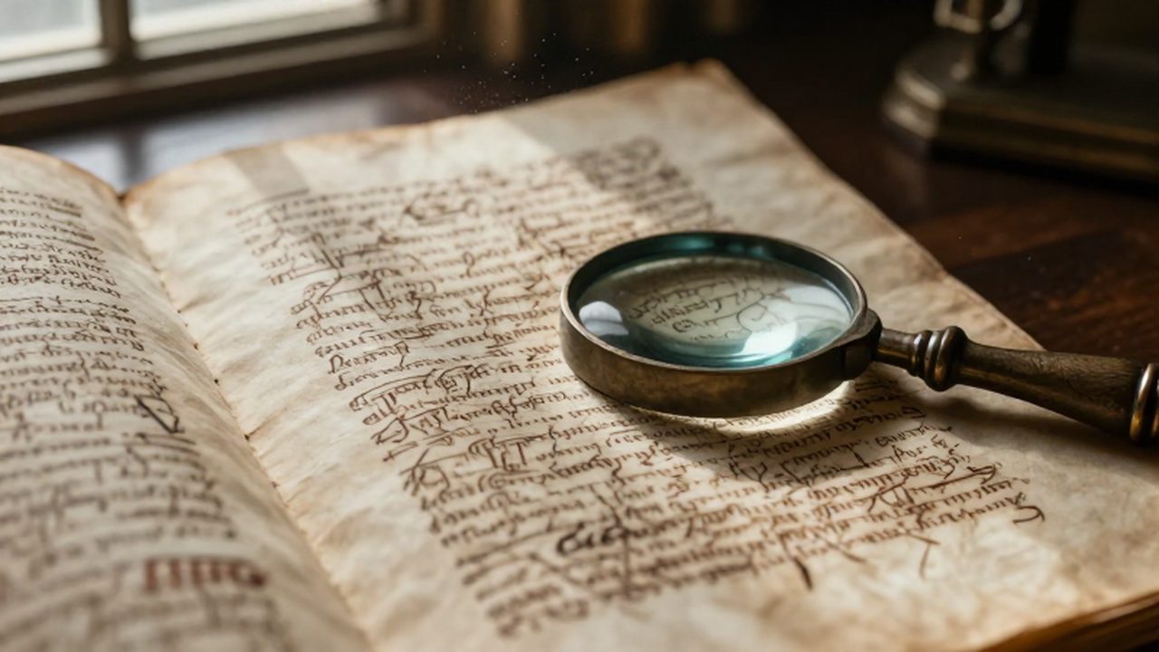 Manuscrito de pergamino antiguo con caligrafía medieval y una lupa sobre un escritorio de madera.