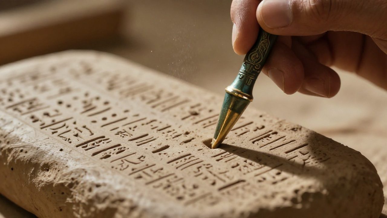Mano de un escriba utilizando un estilete de bronce para grabar símbolos cuneiformes en una tablilla de arcilla húmeda.