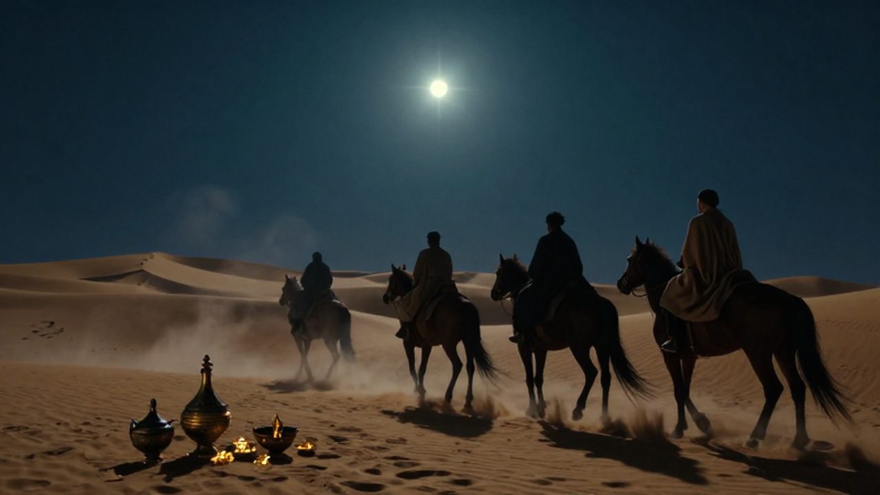Tres viajeros a caballo cruzan un vasto desierto bajo un cielo crepuscular iluminado por una gran estrella brillante.