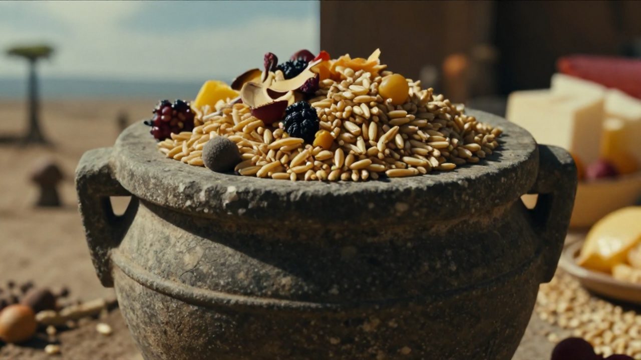 Recipiente de piedra antiguo con granos y frutas silvestres frente a un entorno moderno de alimentos procesados para simbolizar la evolución humana.