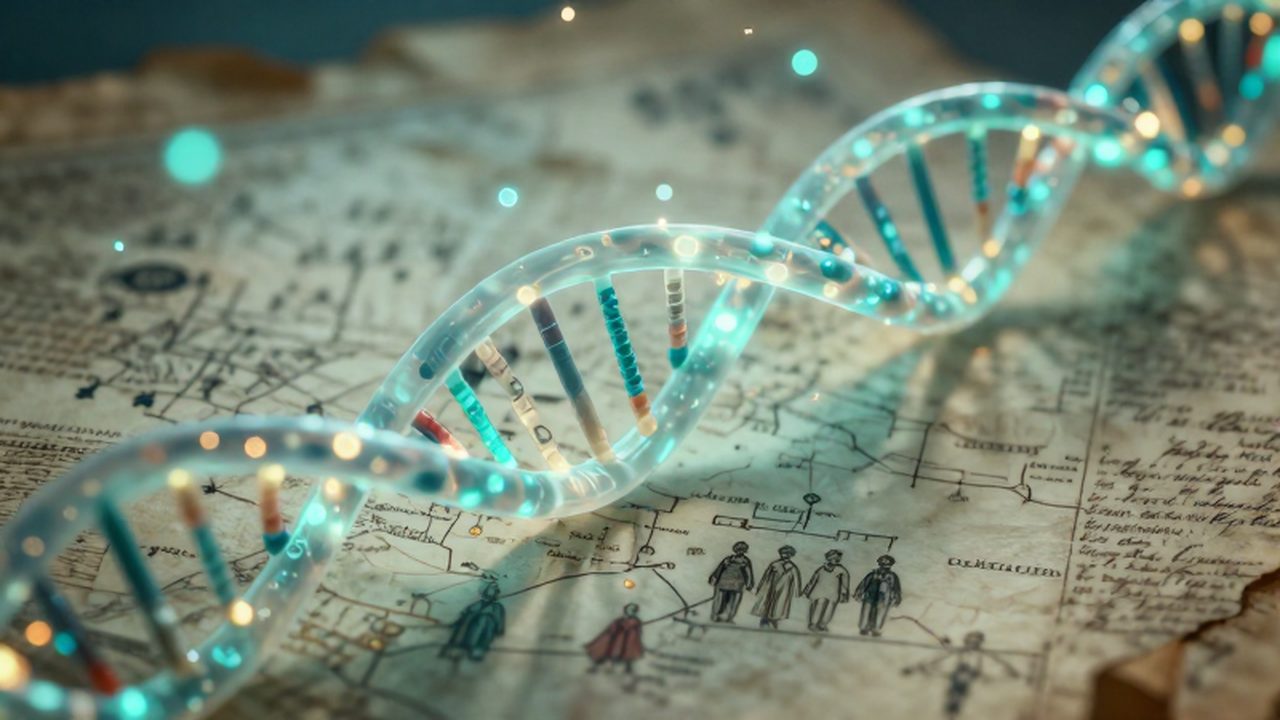 Cadena de ADN luminosa entrelazada con un árbol genealógico antiguo sobre un pergamino histórico.