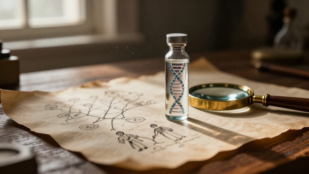 Escrituras de un árbol genealógico en pergamino antiguo junto a un vial de vidrio con una estructura de ADN sobre un escritorio de madera.