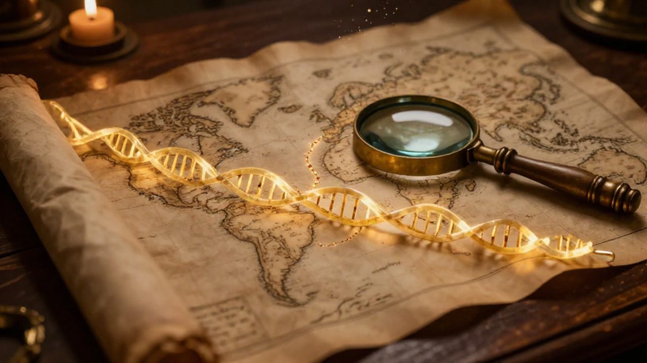 Hebras doradas de ADN entrelazadas sobre un mapa antiguo de pergamino con una lupa de latón sobre una mesa de madera.
