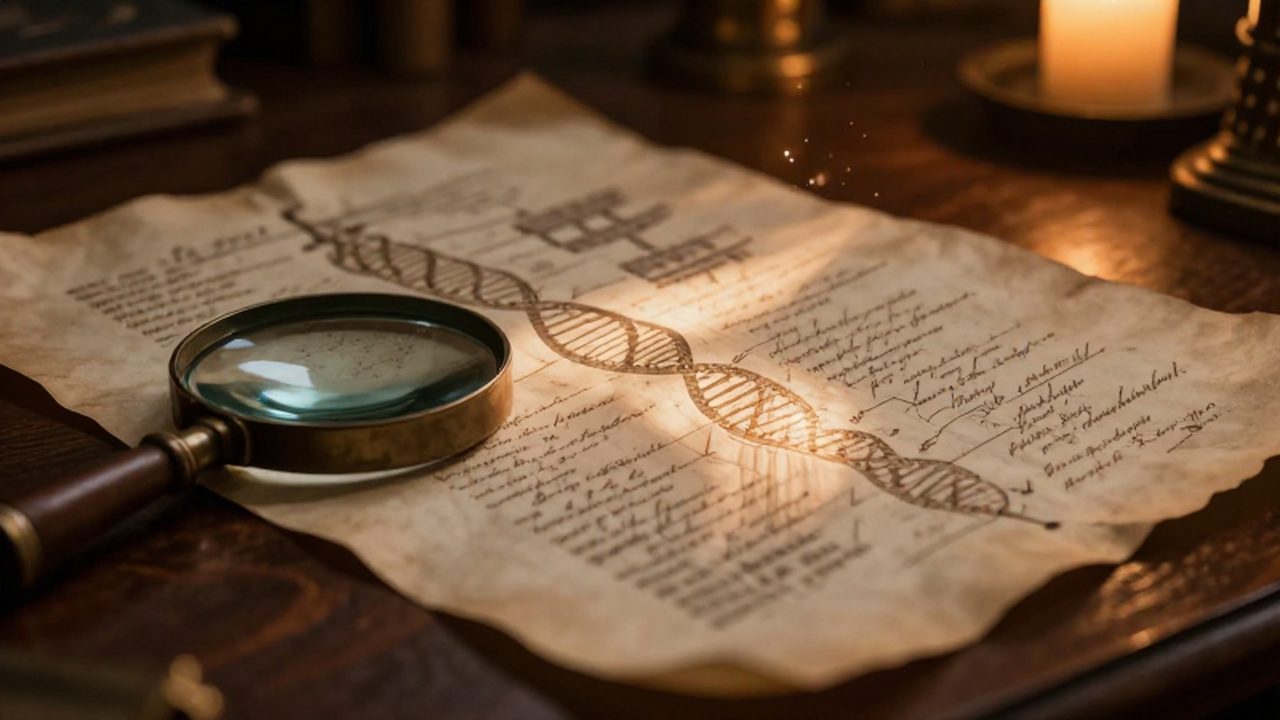 Lupa antigua sobre un pergamino de árbol genealógico con una sutil cadena de ADN integrada bajo la luz de una vela.