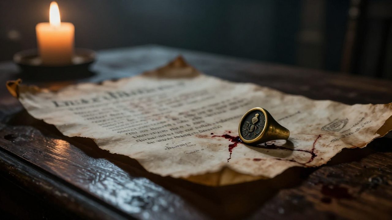 Pergamino antiguo irlandés manchado de sangre junto a un anillo de sello de latón sobre una mesa de roble bajo la luz de una vela.
