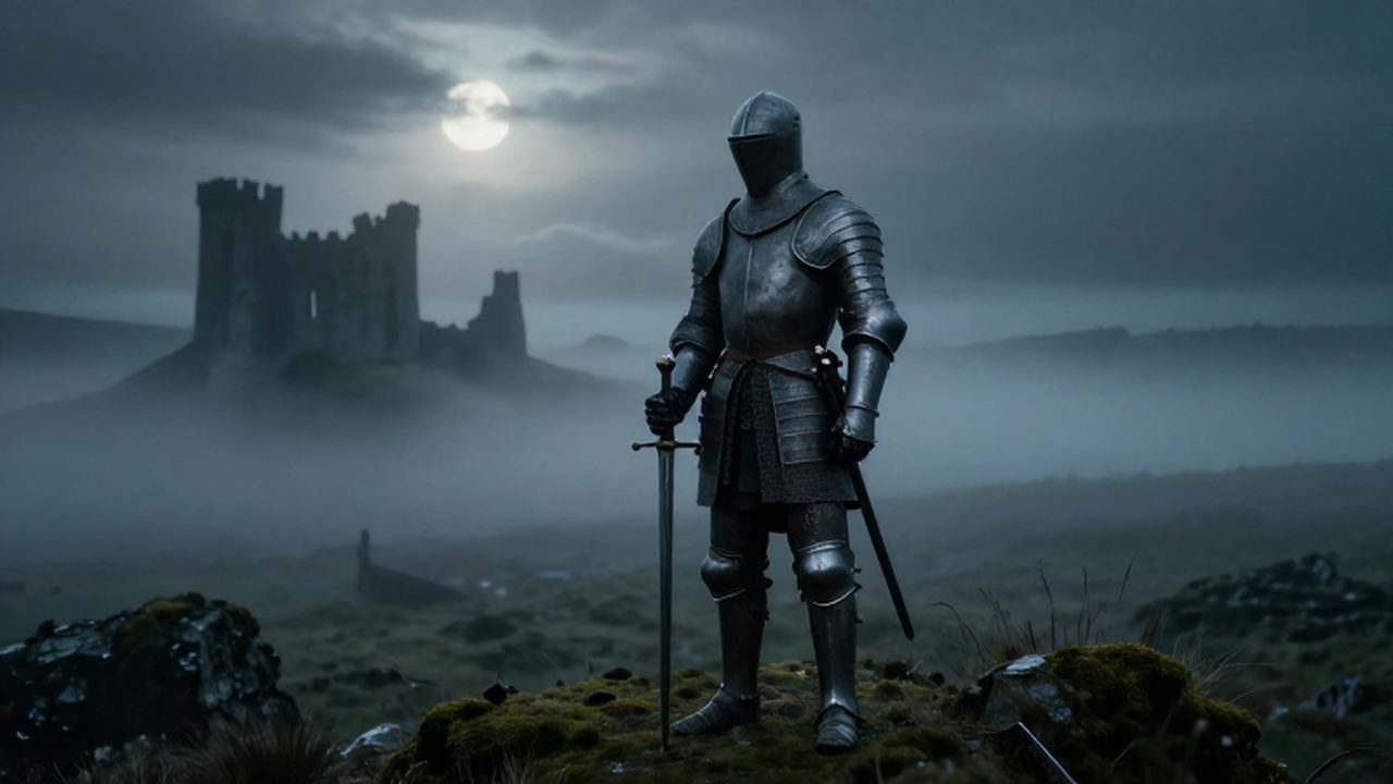 Caballero irlandés con armadura de acero oscuro sin cabeza de pie en un páramo con niebla frente a las ruinas de un castillo antiguo bajo la luz de la luna.