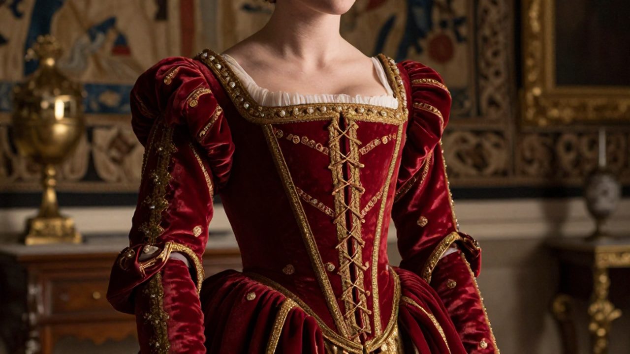 Noble mujer renacentista con un corsé de terciopelo carmesí y bordados dorados en una estancia aristocrática.