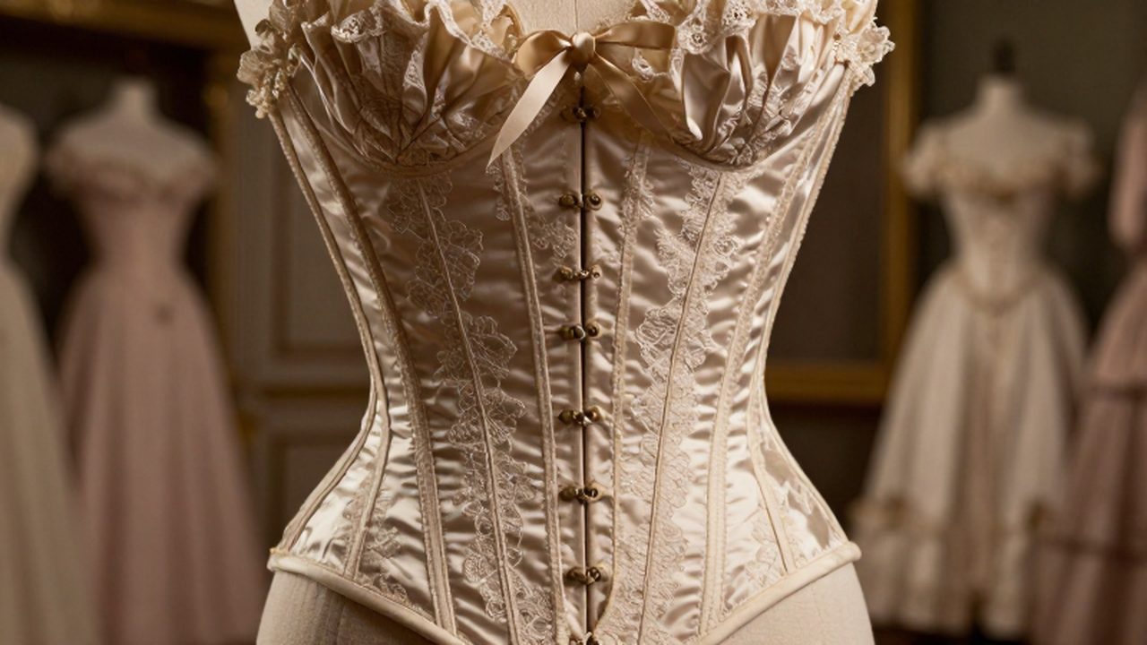 Primer plano de un corsé victoriano de seda y encaje con detalles de bordado finos en un entorno histórico elegante.