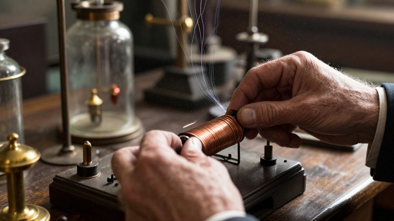 Manos de Michael Faraday manipulando bobinas de cobre y magnetos en un laboratorio científico del siglo XIX.