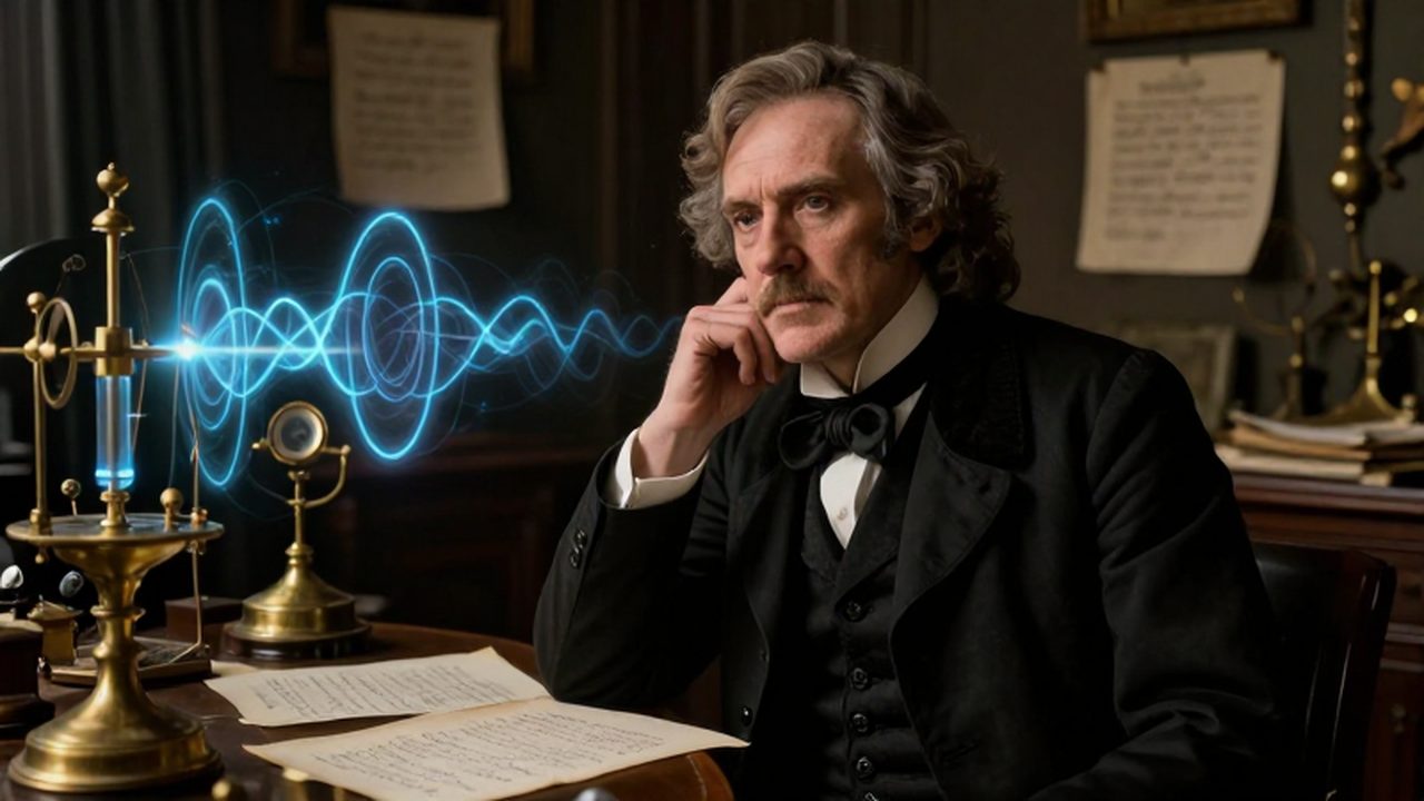 Retrato de James Clerk Maxwell en un estudio victoriano rodeado de manuscritos y delicadas ondas de luz azul que representan los campos electromagnéticos.