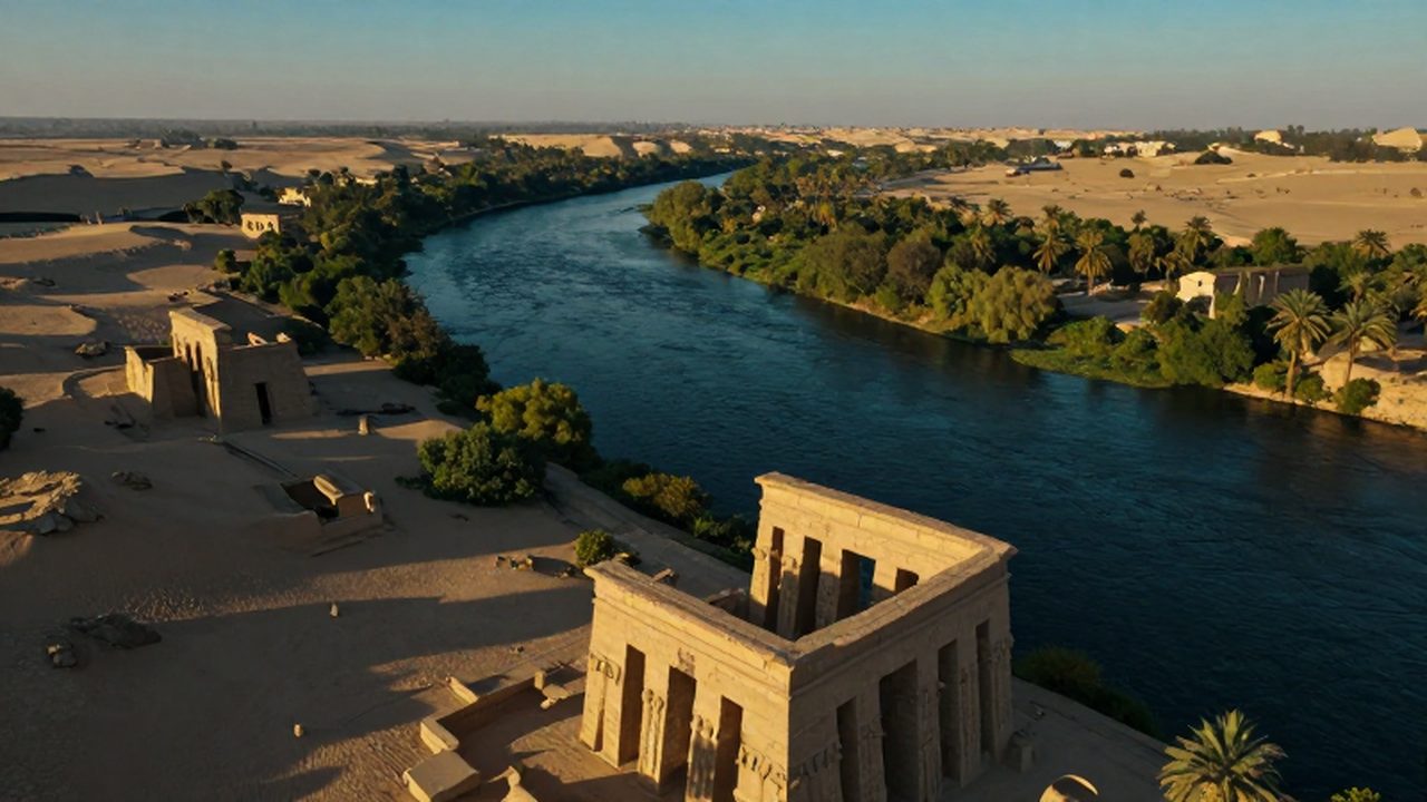 El río Nilo serpenteando entre monumentos egipcios antiguos y un paisaje de contrastes entre vegetación fértil y desierto bajo la luz del atardecer.
