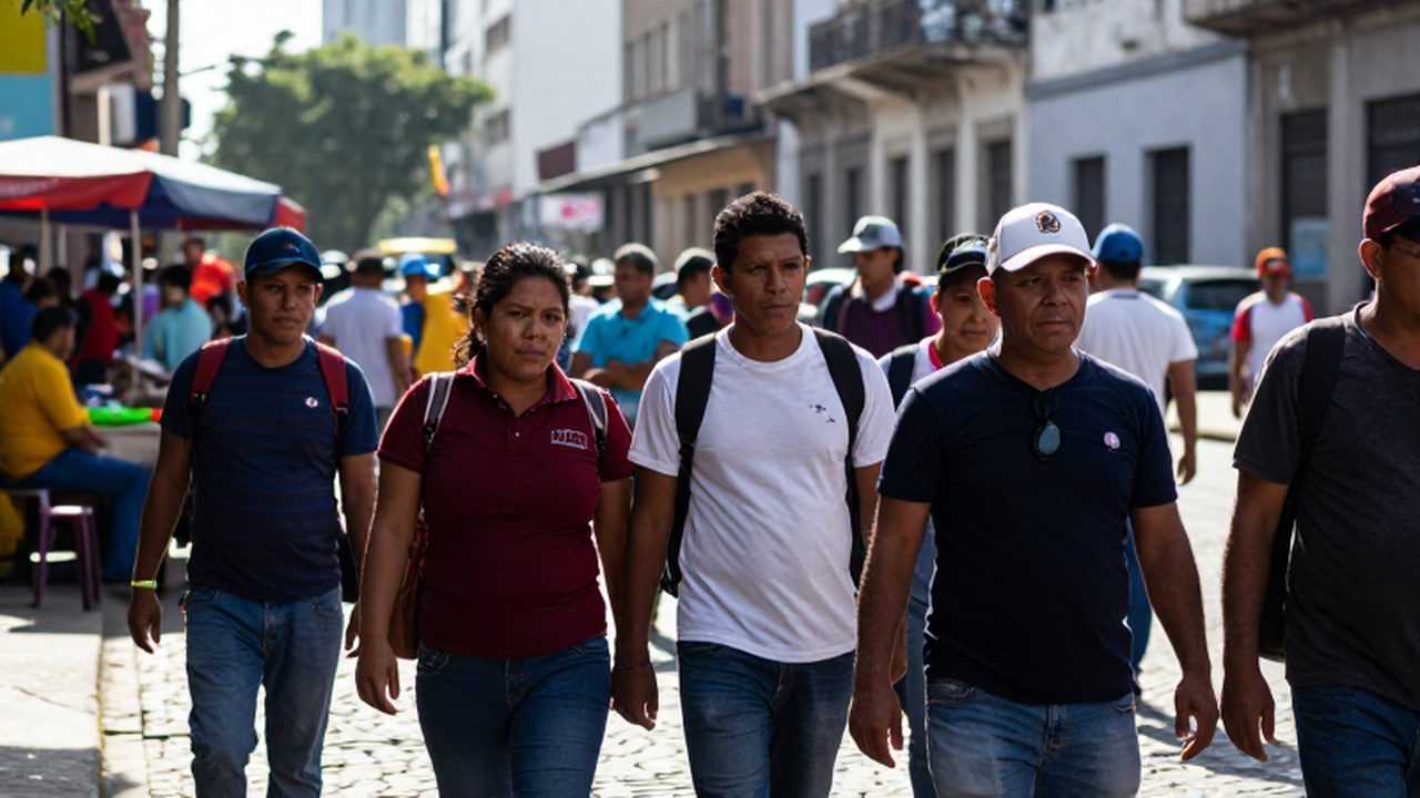 Grupo de migrantes venezolanos caminando por una concurrida plaza urbana en una ciudad latinoamericana.