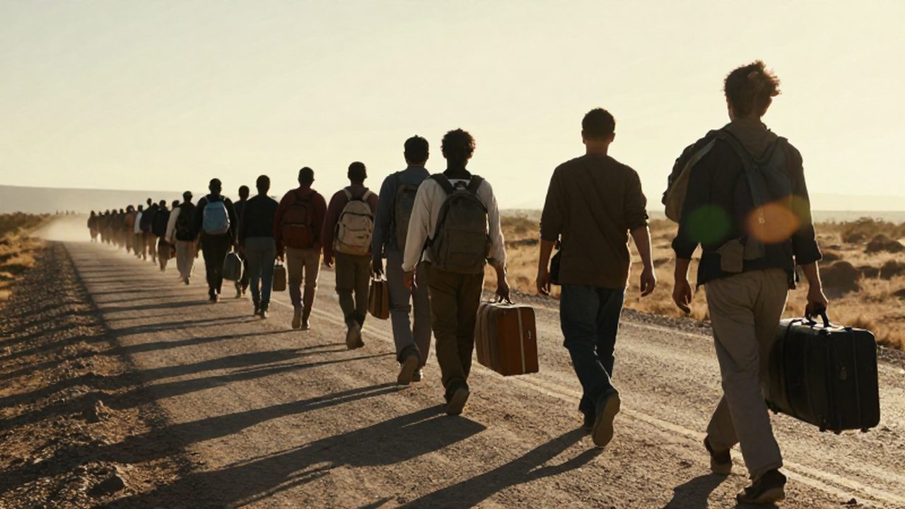 Siluetas de personas con equipaje caminando por un camino polvoriento hacia el horizonte bajo la luz dorada del atardecer en un paisaje latinoamericano.