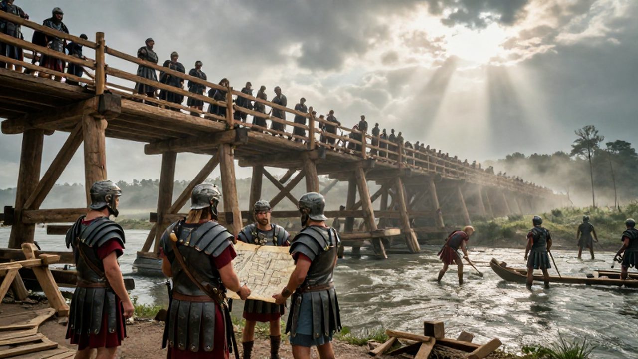 Legionarios romanos y constructores trabajando en la edificación de un puente de madera sobre un río caudaloso en la Galia.