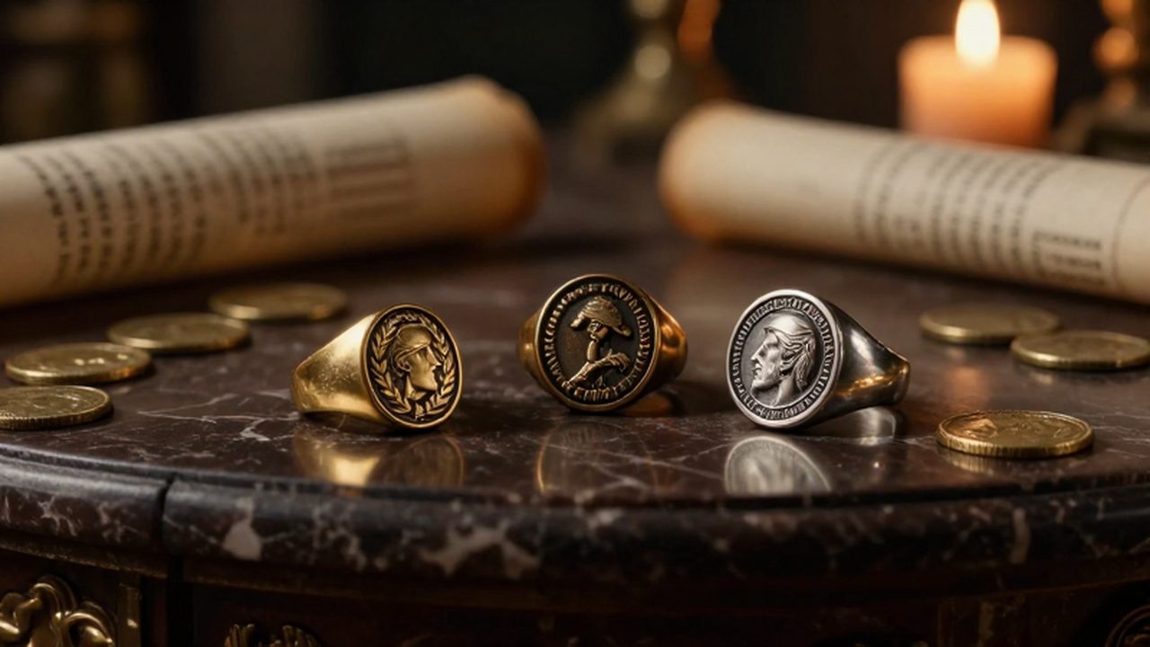 Tres anillos de sello romanos de oro, bronce y plata sobre una mesa de mármol junto a monedas antiguas y un pergamino bajo una luz tenue.
