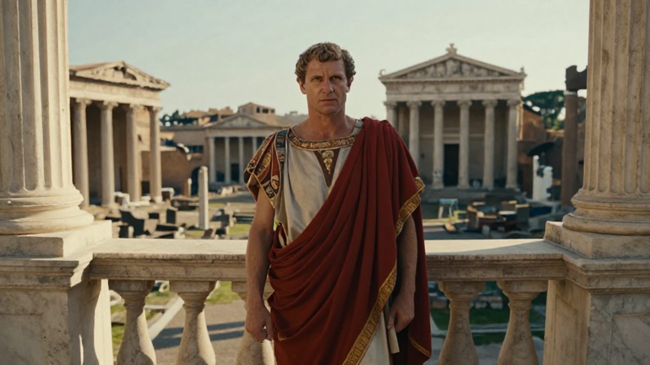 Julio César con toga roja observa con determinación desde un balcón de mármol la majestuosidad del Foro Romano bajo la luz del amanecer.