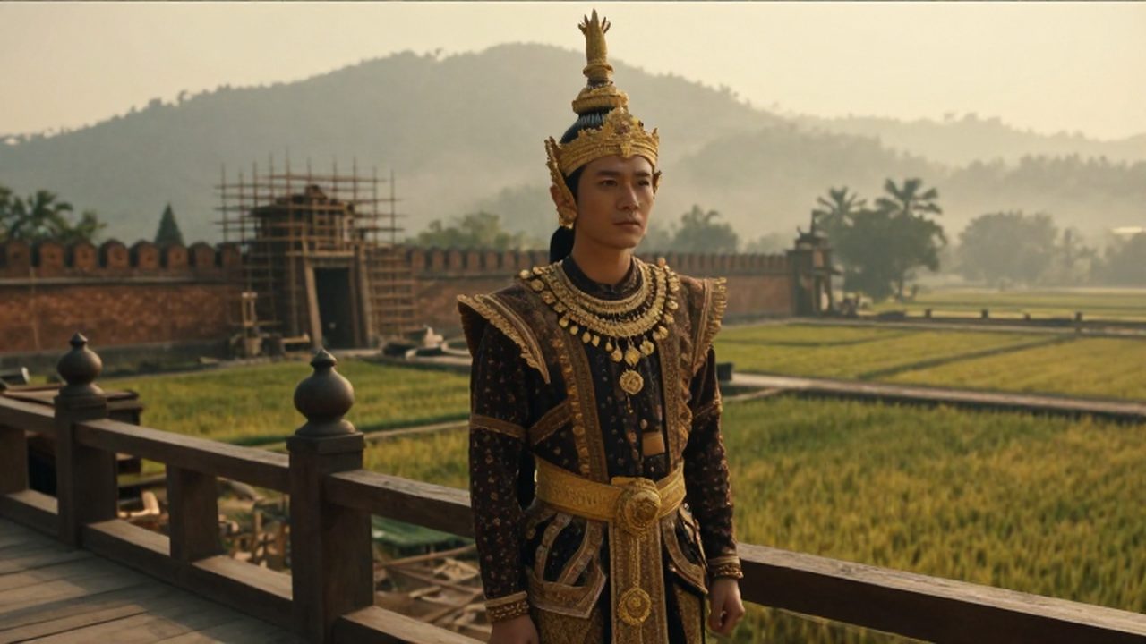 El rey Meng Rai observa desde un balcón de madera la construcción de la ciudad de Chiang Mai bajo una luz dorada de atardecer.
