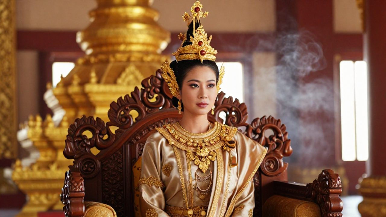 Reina de la dinastía Cang con vestidura de seda y tocado dorado sentada en un trono de madera tallada frente a un templo budista.
