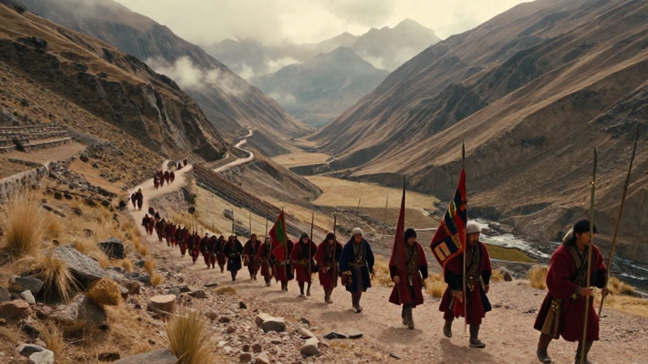 Guerreros incas marchan con lanzas y estandartes a través de un paso de montaña andino durante una expedición militar.