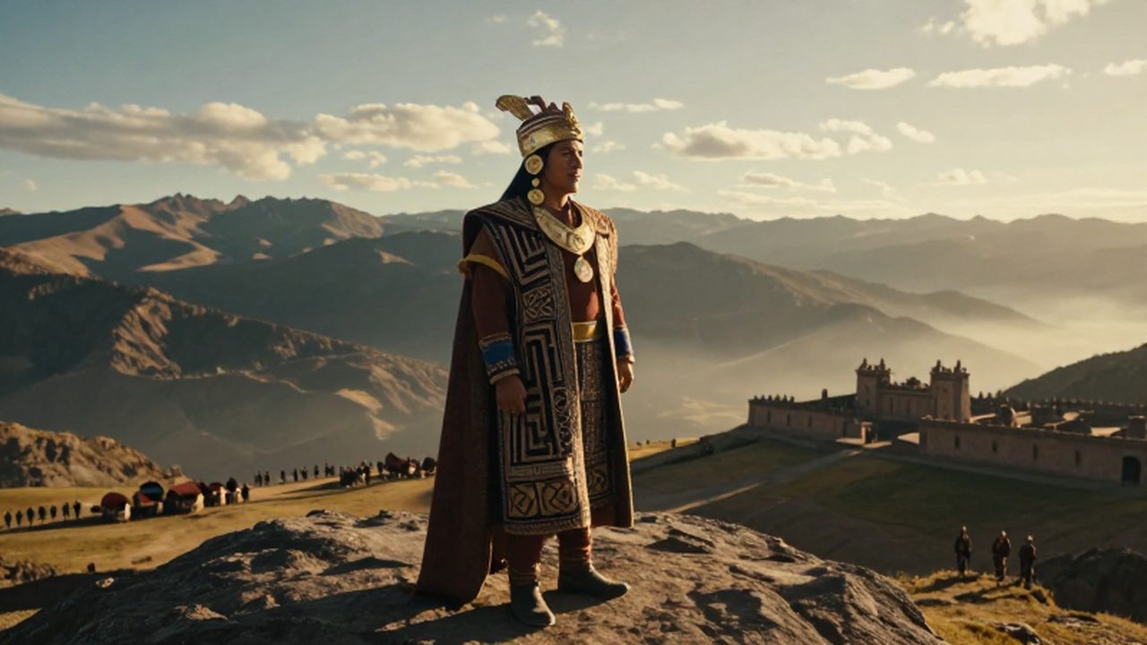 El soberano Túpac Inca Yupanqui observa el horizonte desde una meseta andina rodeado de ornamentos de oro y arquitectura imperial.