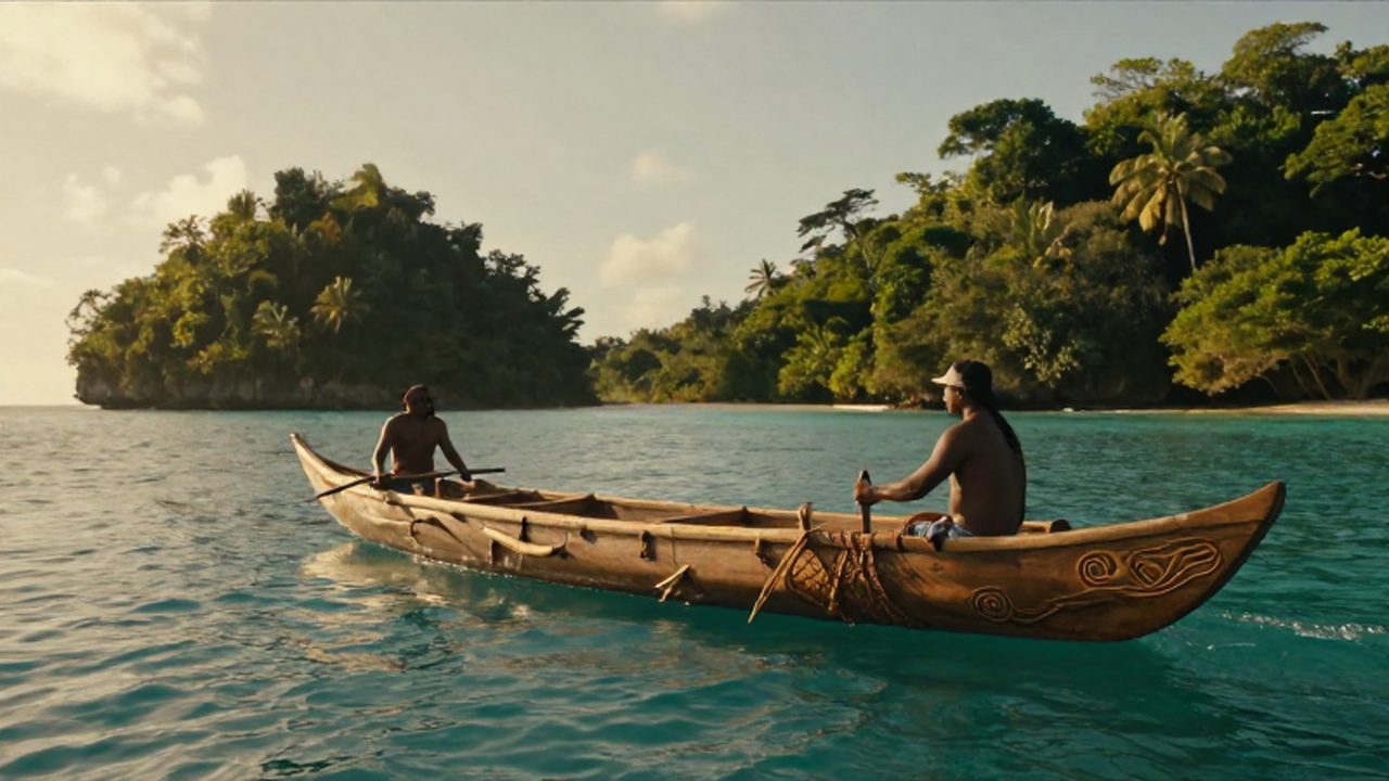 Antiguos navegantes arawak recorriendo las aguas turquesas del Caribe en una gran canoa de madera frente a densas selvas tropicales.