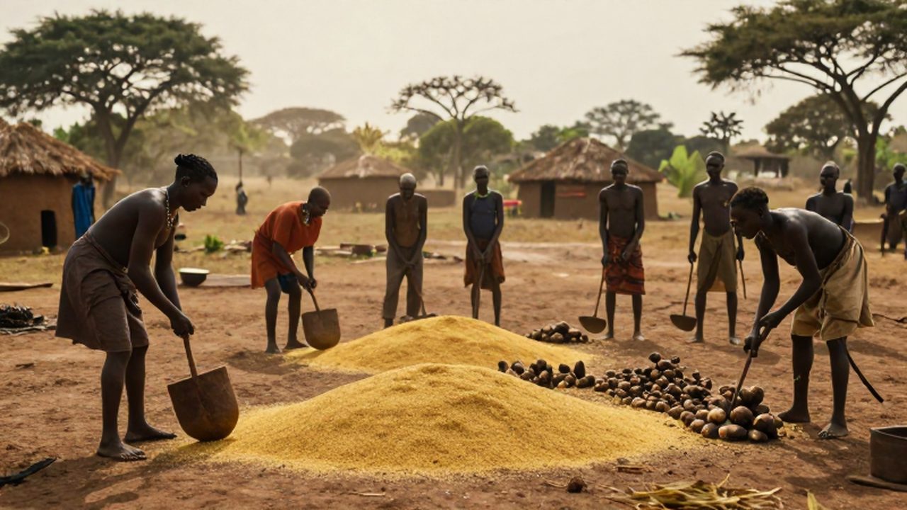 Grupo de personas de una antigua comunidad bantú cosechando sorgo y tubérculos en una fértil sabana bajo la luz del sol.