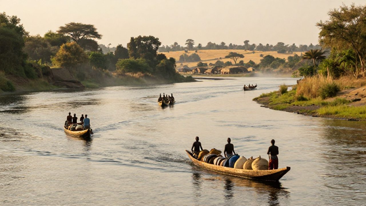 Grupo de viajeros bantúes navegando en canoas de madera por el río Zambeze entre una densa vegetación y la sabana bajo la luz del amanecer.