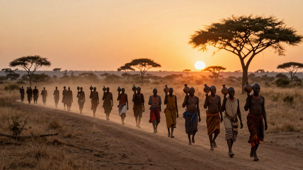Grupo de viajeros bantúes caminando por una sabana africana durante el atardecer con herramientas antiguas y vasijas de barro.