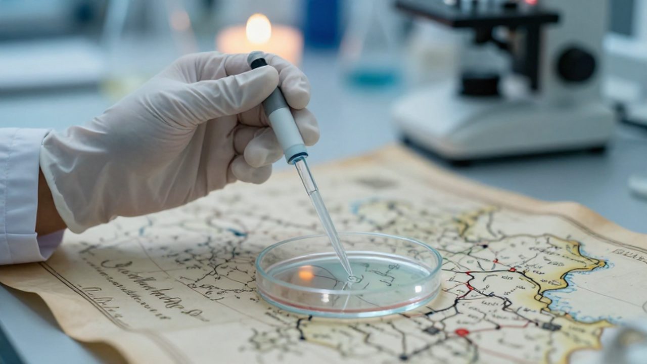 Manos con guantes de laboratorio manipulando una micropipeta sobre una placa de Petri frente a un antiguo mapa de rutas migratorias.