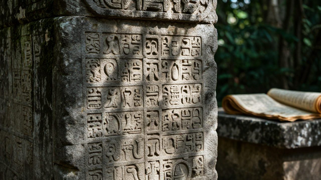 Glifos mayas tallados en una estela de piedra caliza rodeada de vegetación selvática y un códice antiguo de fondo.