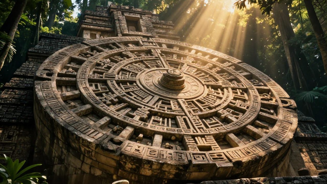 Gran rueda de piedra del calendario maya con grabados jeroglíficos bajo la luz del sol en medio de las ruinas de una selva.