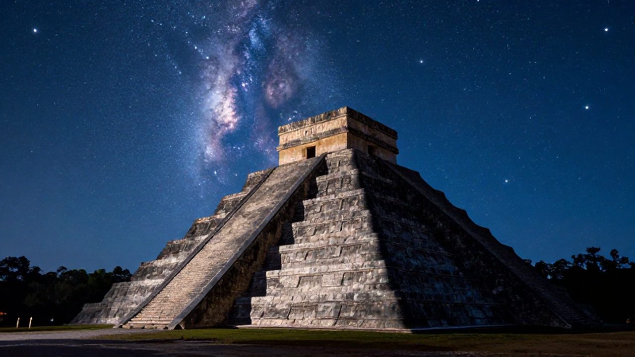 Pirámide de El Castillo bajo un cielo nocturno estrellado con la Vía Láctea sobre la zona arqueológica de Chichén Itzá.