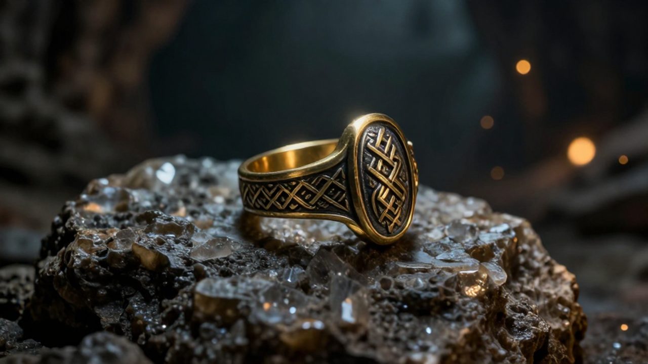 Anillo nórdico ornamentado de oro y hierro con grabados de nudos vikingos sobre una roca de cuarzo en una cueva oscura.