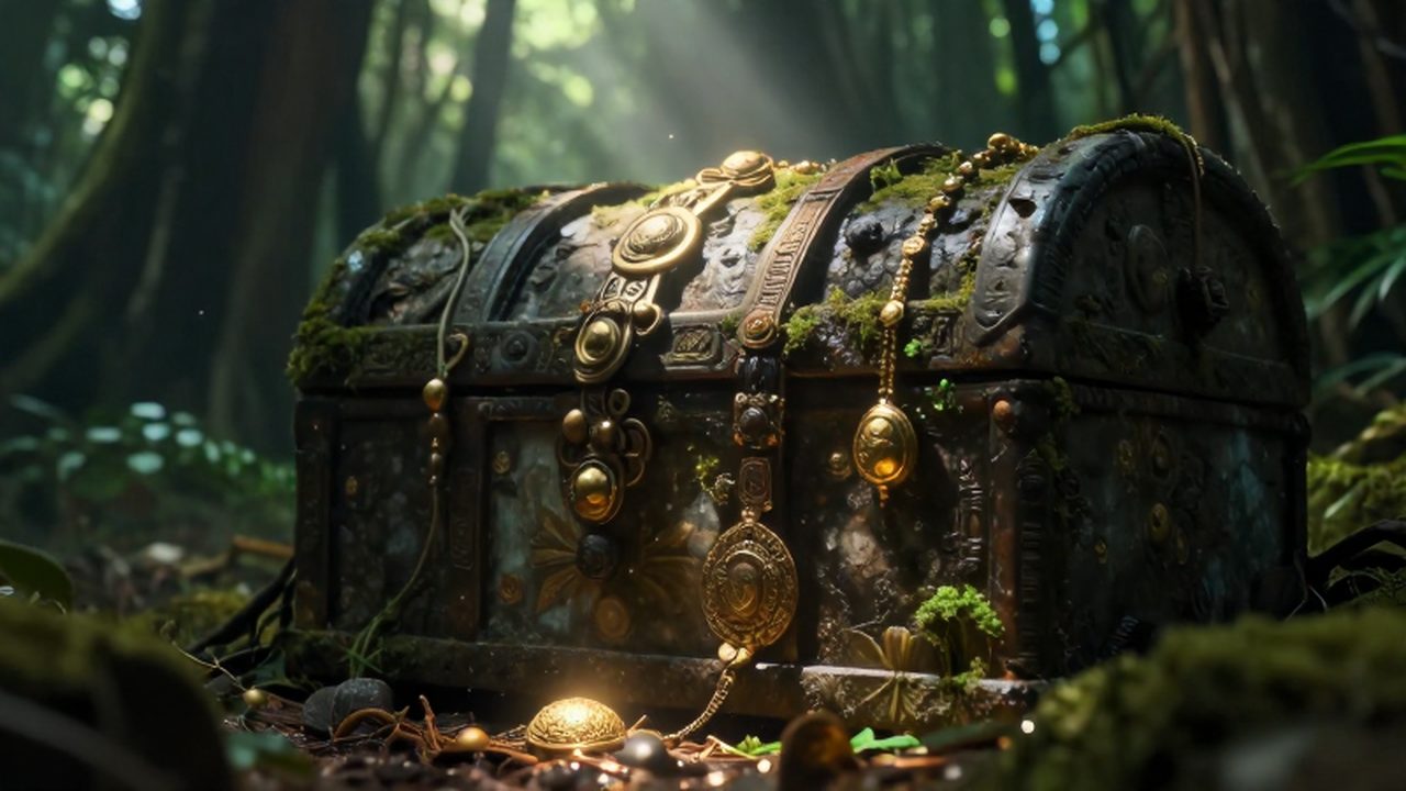 Cofre de piedra antiguo entre musgo y vegetación en un templo de la selva con artefactos de oro que brillan bajo la luz del sol.