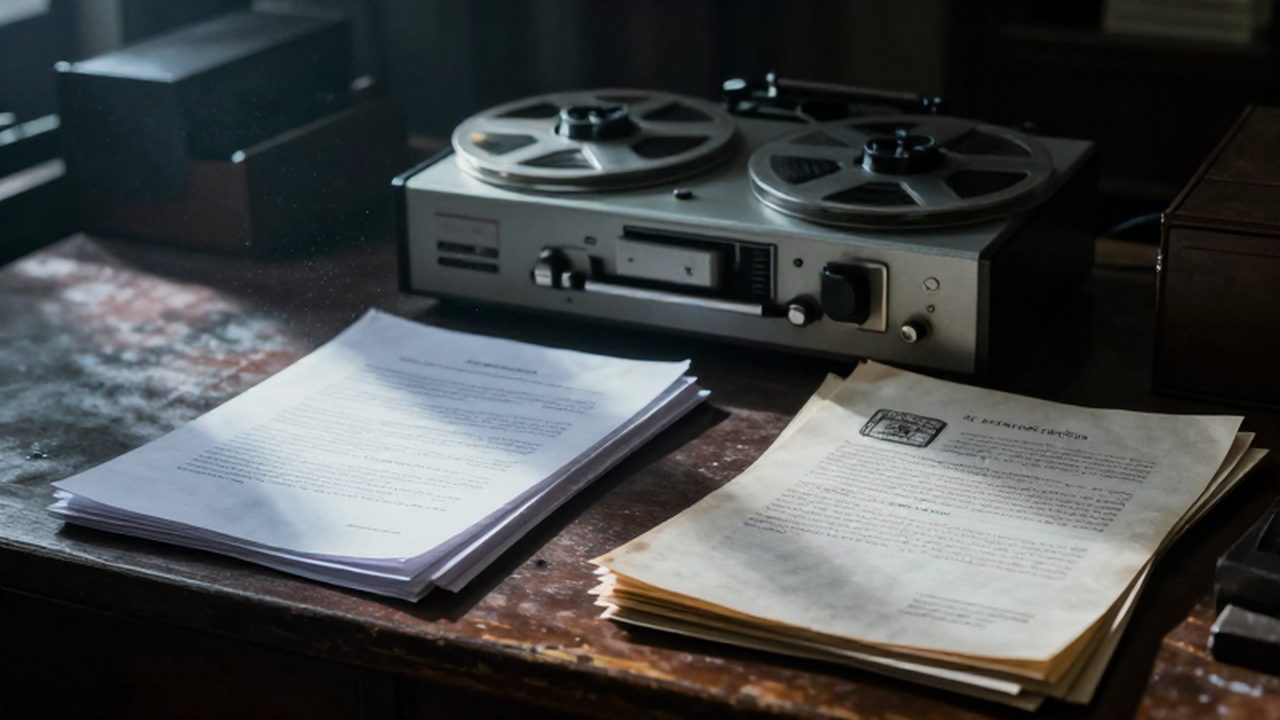 Escritorio antiguo con documentos oficiales apilados y un grabador de cinta vintage en una oficina en penumbra.