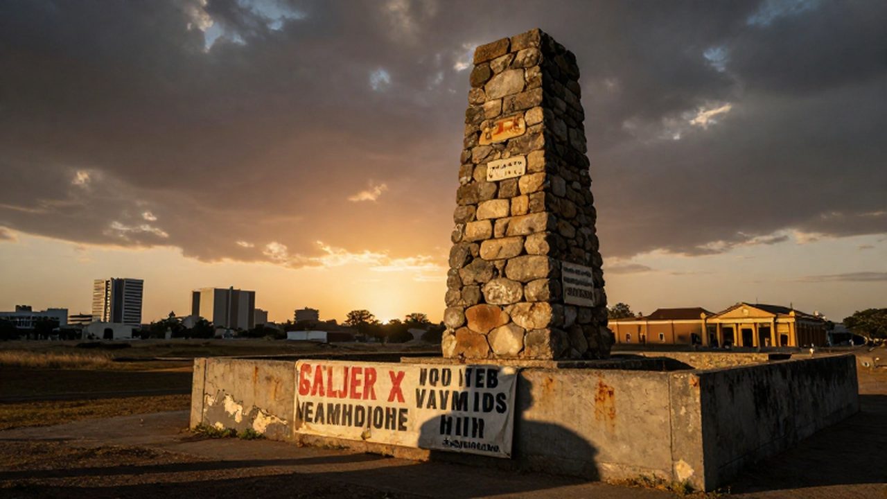 Monumento de piedra desgastado bajo un atardecer dramático en el paisaje sudafricano con siluetas de arquitectura urbana al fondo.