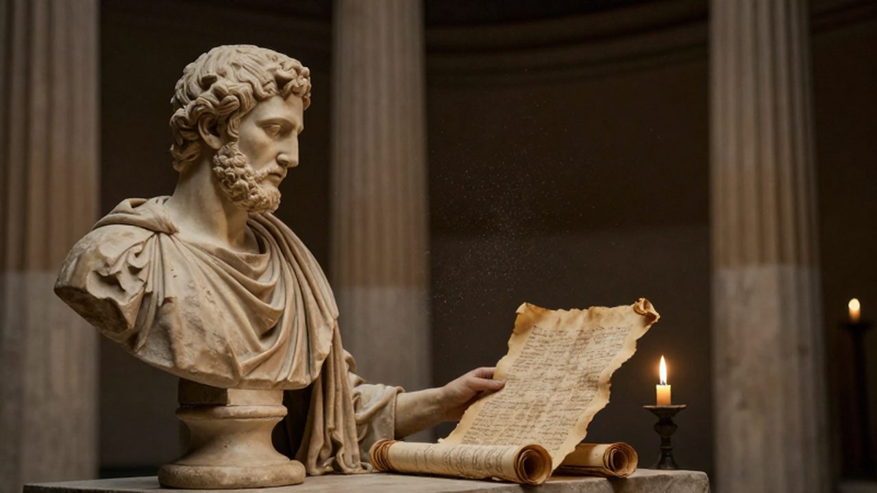 Erudito griego estudiando un busto de mármol y pergaminos antiguos bajo la luz de una vela en un templo clásico.