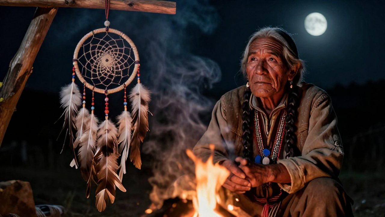 Anciano indígena americano contemplando una fogata ceremonial bajo la luz de la luna con un atrapasueños en primer plano.