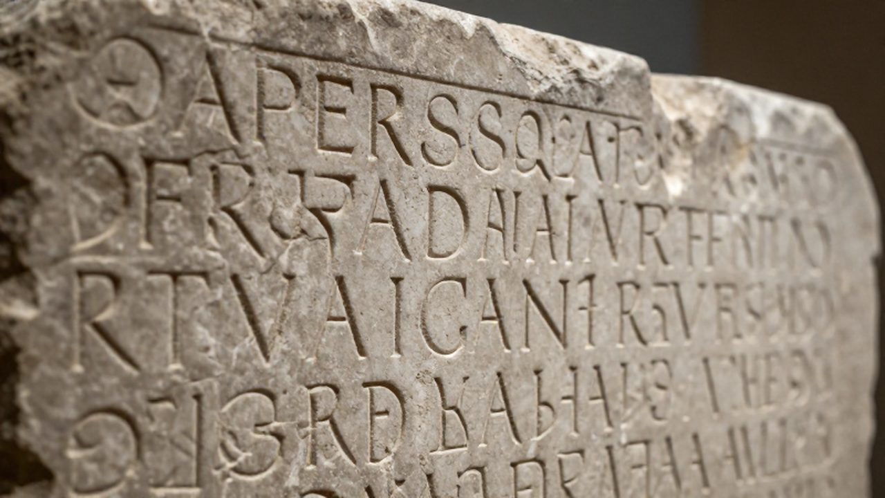 Primer plano de una losa de mármol antiguo que muestra la transición de inscripciones arcaicas a letras griegas clásicas talladas en piedra.