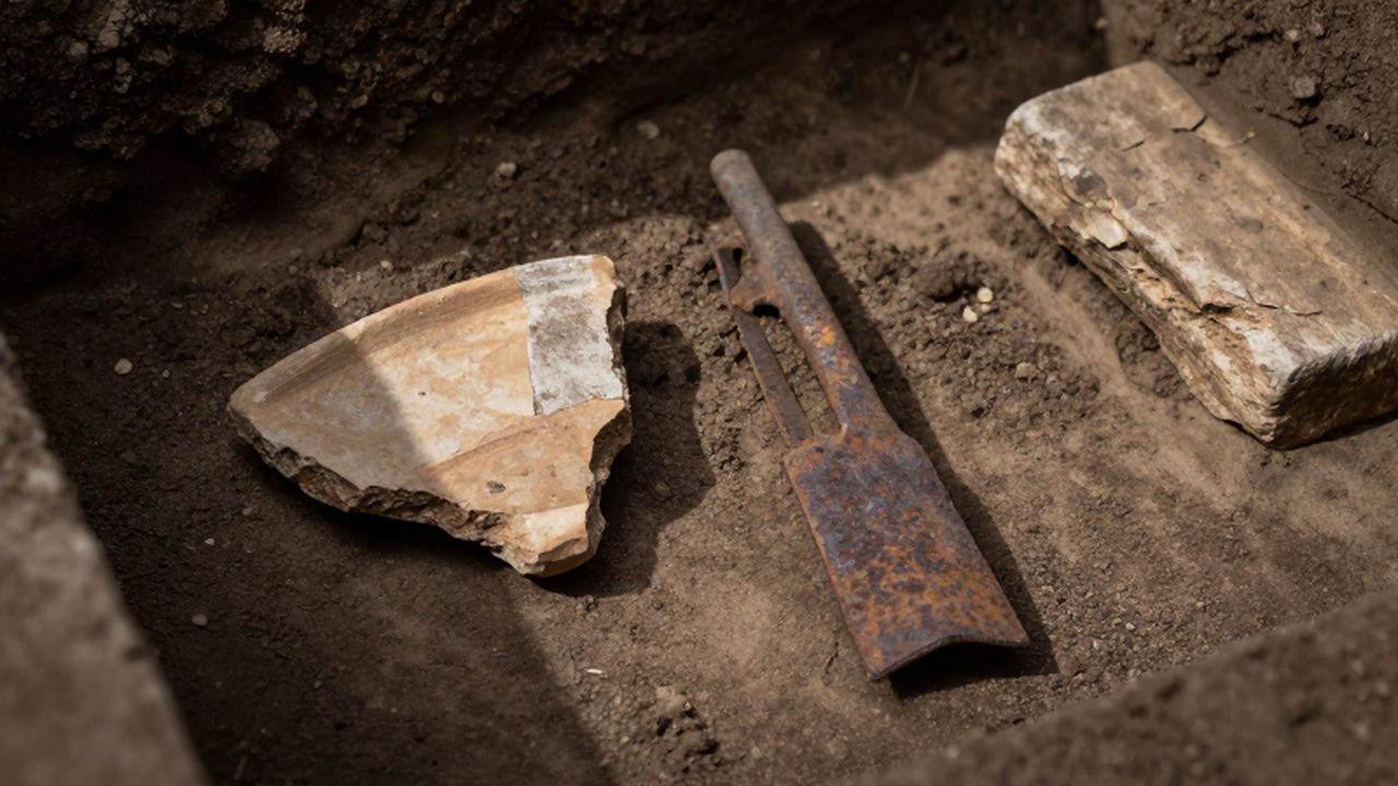 Fragmentos de cerámica antigua y una herramienta de hierro oxidada descansan sobre tierra oscura junto a un resto de cimiento de piedra en un sitio de excavación.