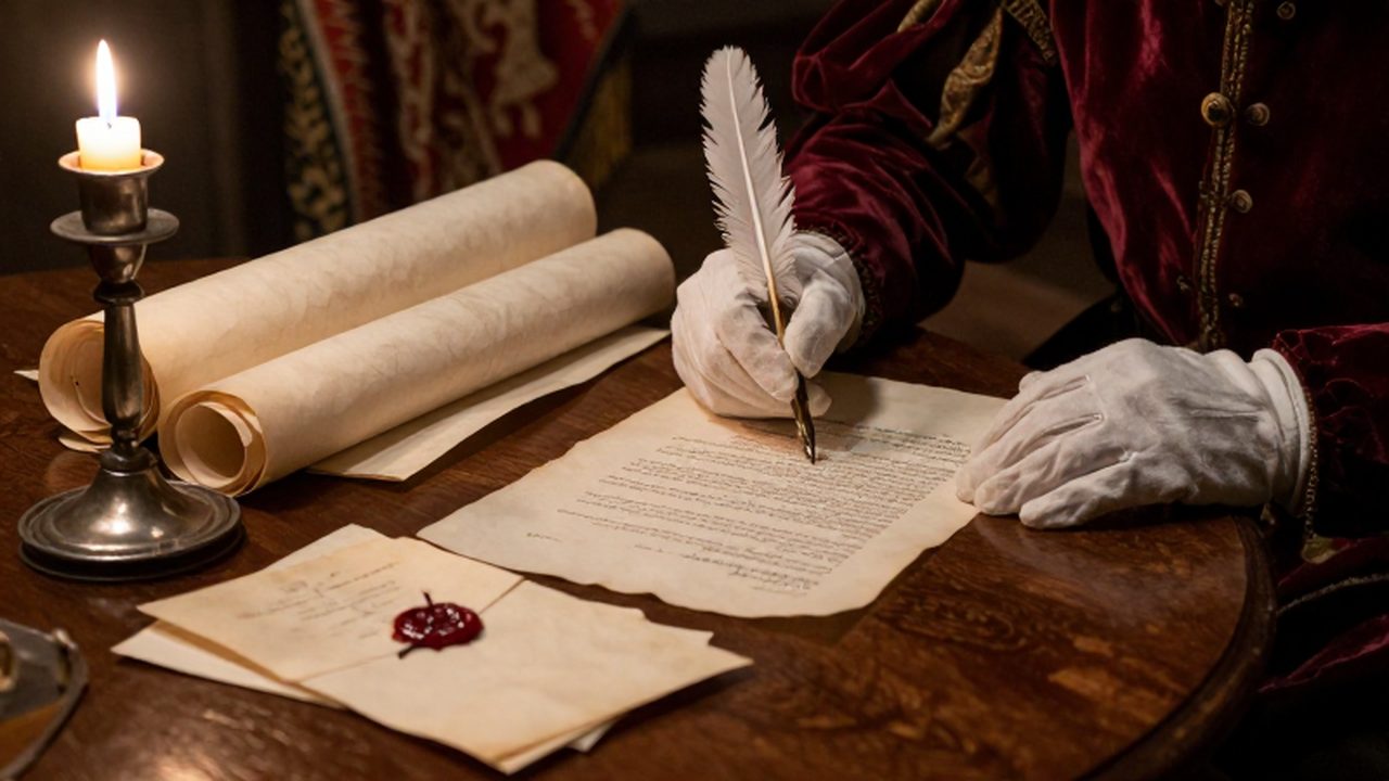 Manos con guantes sostienen una pluma sobre pergaminos y cartas selladas con cera en una mesa de madera durante una negociación diplomática del siglo XVI.