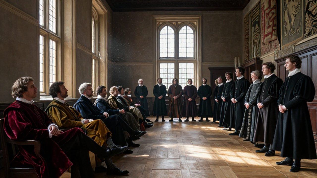 Nobles ingleses y españoles con vestimentas de época en un salón de un palacio Tudor bajo una luz dramática.