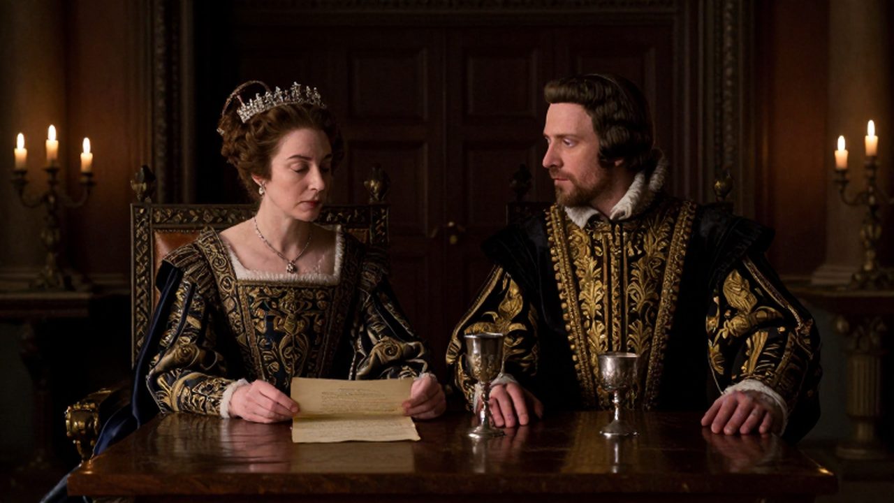 Retrato cinematográfico de la reina María I y Felipe II de España sentados en una estancia real con vestimentas de terciopelo y bordados dorados bajo la luz de las velas.