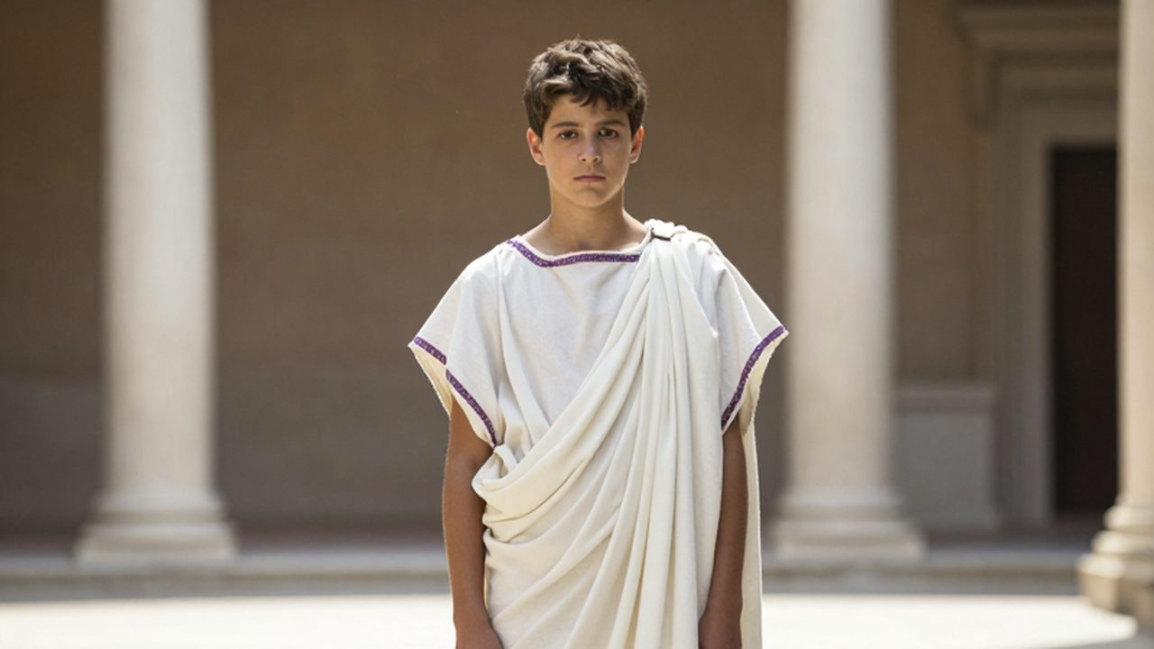 Adolescente romano con una toga blanca y borde púrpura posando solemnemente en un patio de columnas de mármol.