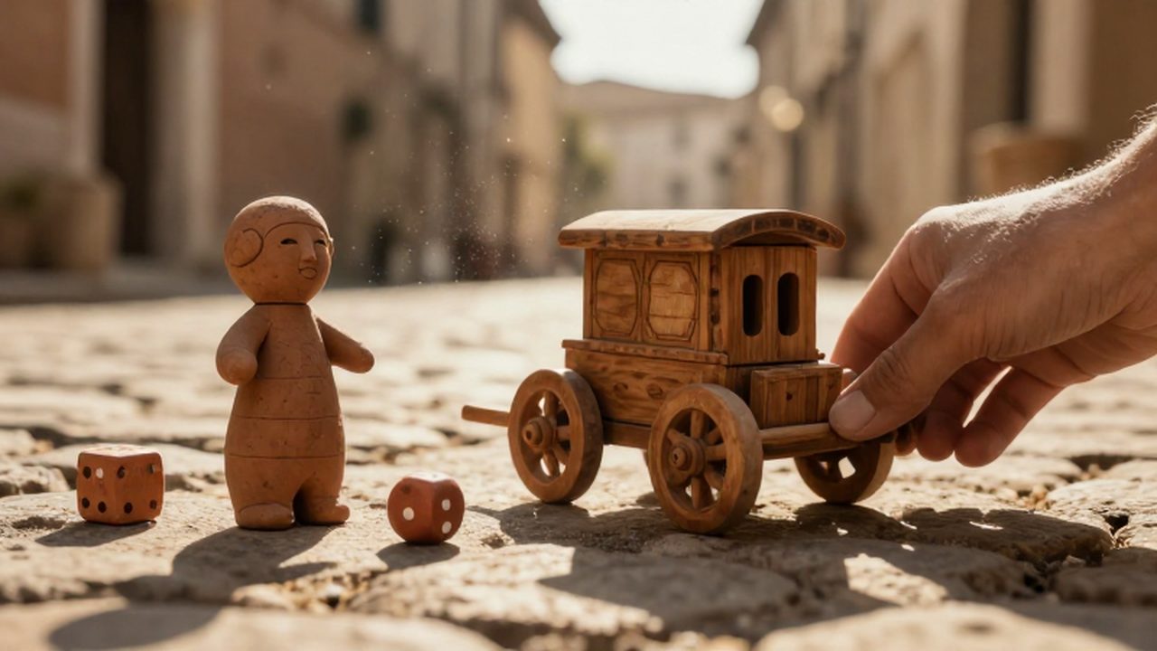 Juguetes romanos de madera y terracota esparcidos sobre un camino de adoquines bajo la luz del atardecer.