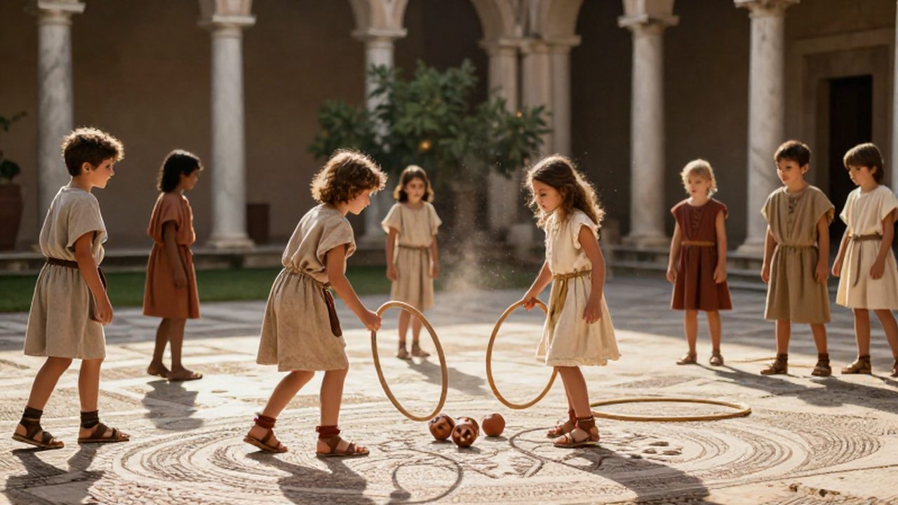 Niños romanos jugando con dados de terracota sobre un suelo de mosaico en el patio de una villa iluminada por el sol.