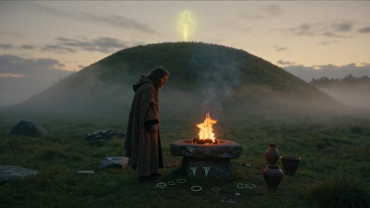 Druida junto a un altar de piedra en un túmulo funerario celta bajo un cielo crepuscular con niebla mística.